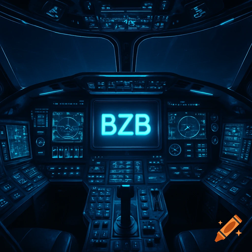 A dark, futuristic cockpit interior with glowing blue screens, buttons, and controls, featuring 'BZB' prominently on the main central display.