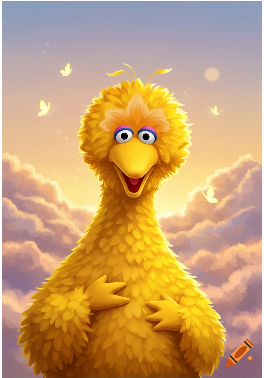 A colorful illustration of Big Bird from Sesame Street, smiling warmly against a vibrant sunset sky with clouds and glowing butterflies.