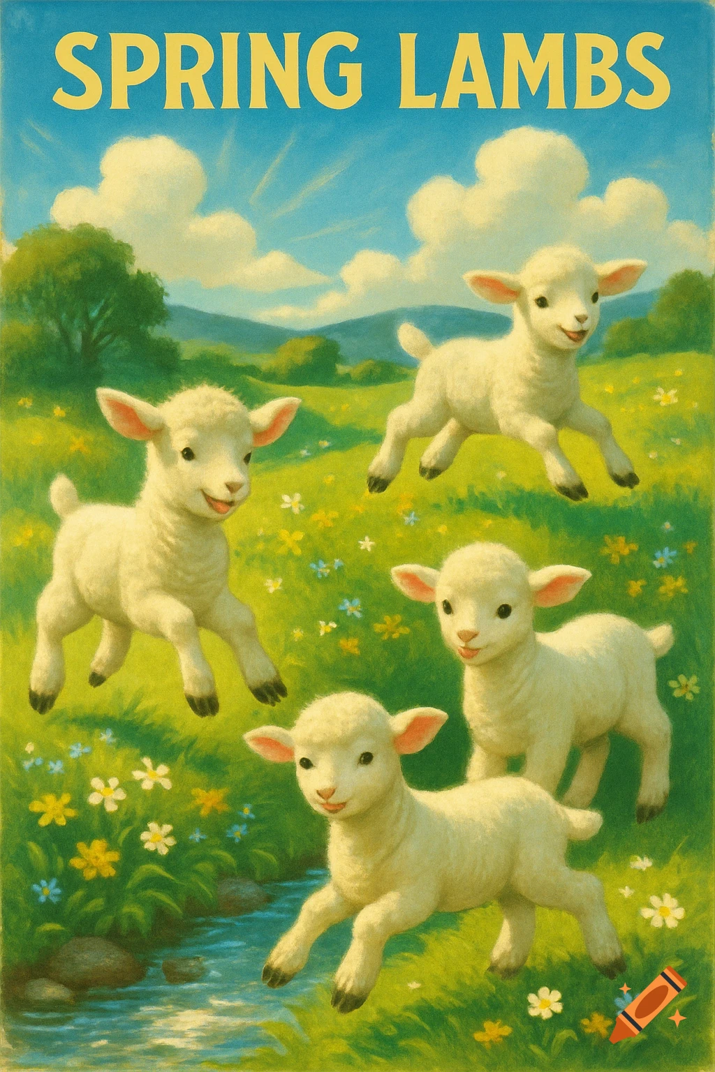 Illustration of four fluffy white lambs playing in a green meadow with a stream, titled "SPRING LAMBS".