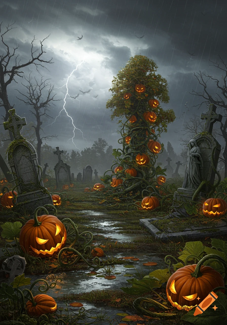 A spooky, dark cemetery overgrown with glowing pumpkin vines and jack-o'-lanterns under a stormy, rainy sky with lightning.