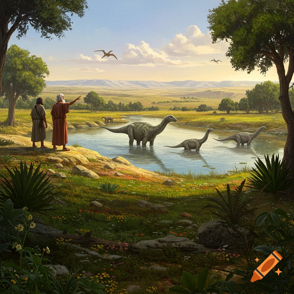 Two robed men stand by a river, one pointing, as dinosaurs wade in the water of a lush, paradisiacal landscape.