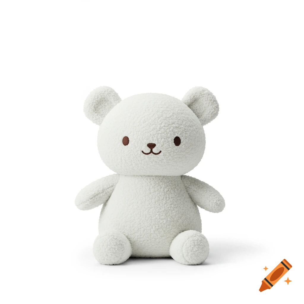 A cute, fluffy white stuffed bear with simple brown eyes and a brown smile sits against a clean white background, in a product photo style.