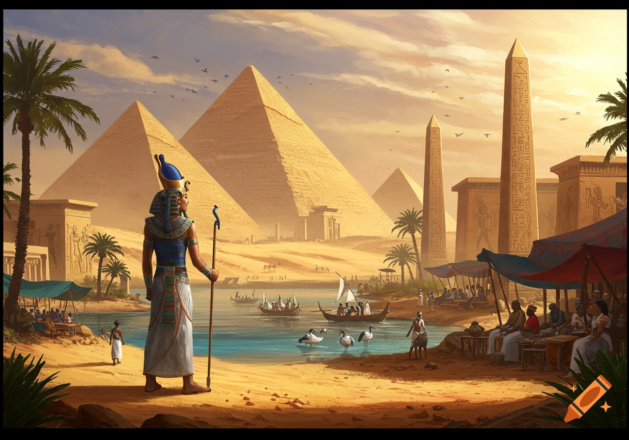 An ancient Egyptian landscape with pyramids, obelisks, a pharaoh-like figure, a river with boats, and a market.