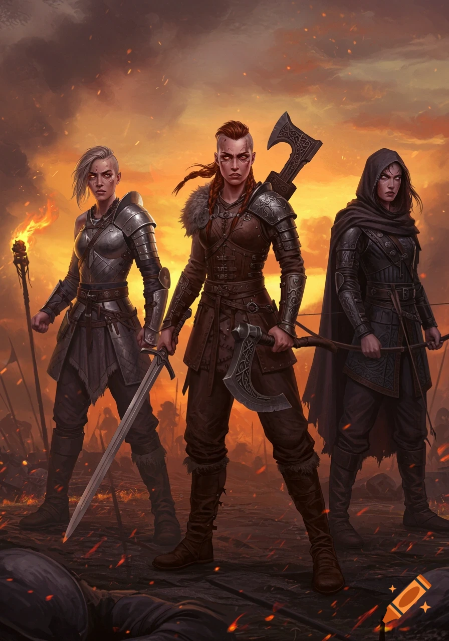 Three fierce female warriors in armor stand on a fiery battlefield at sunset, holding a sword, axe, and bow.