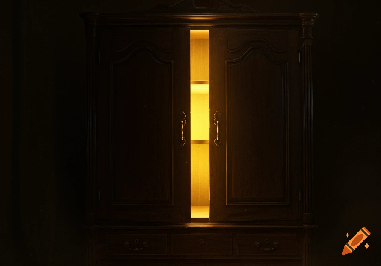 A dark wooden cupboard with its doors slightly ajar, revealing a warm, glowing yellow light emanating from within.