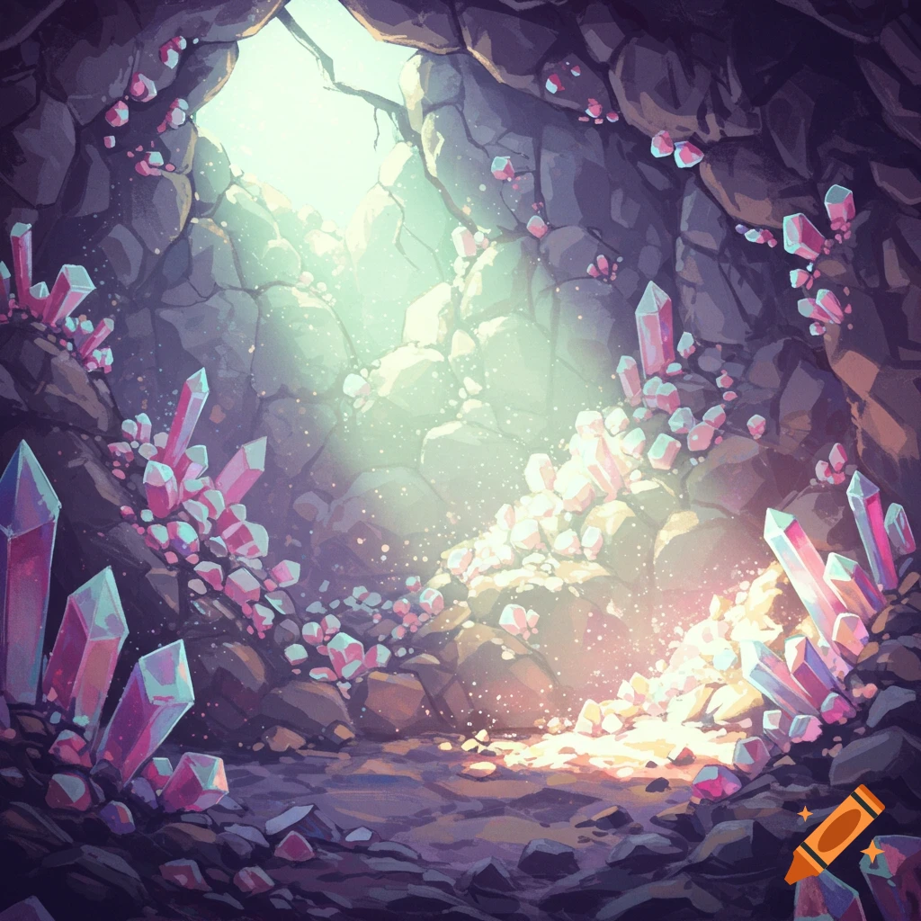 A colorful, fantasy illustration of a sunlit cave filled with glowing pink and blue pastel gems.