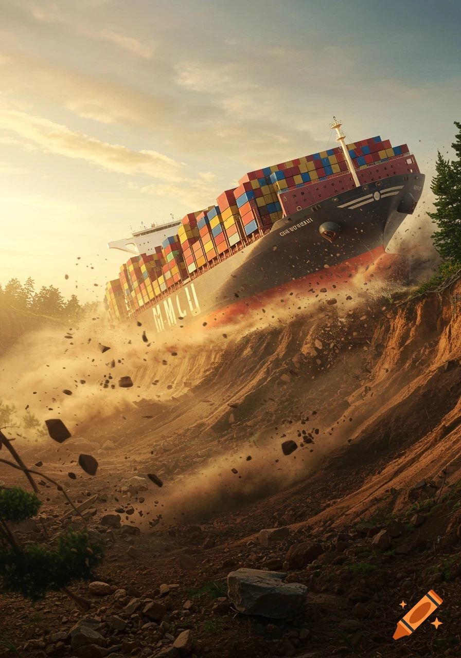 A large container ship plows through a massive wave of earth on land, kicking up dust and debris under a dramatic, cloudy sky.