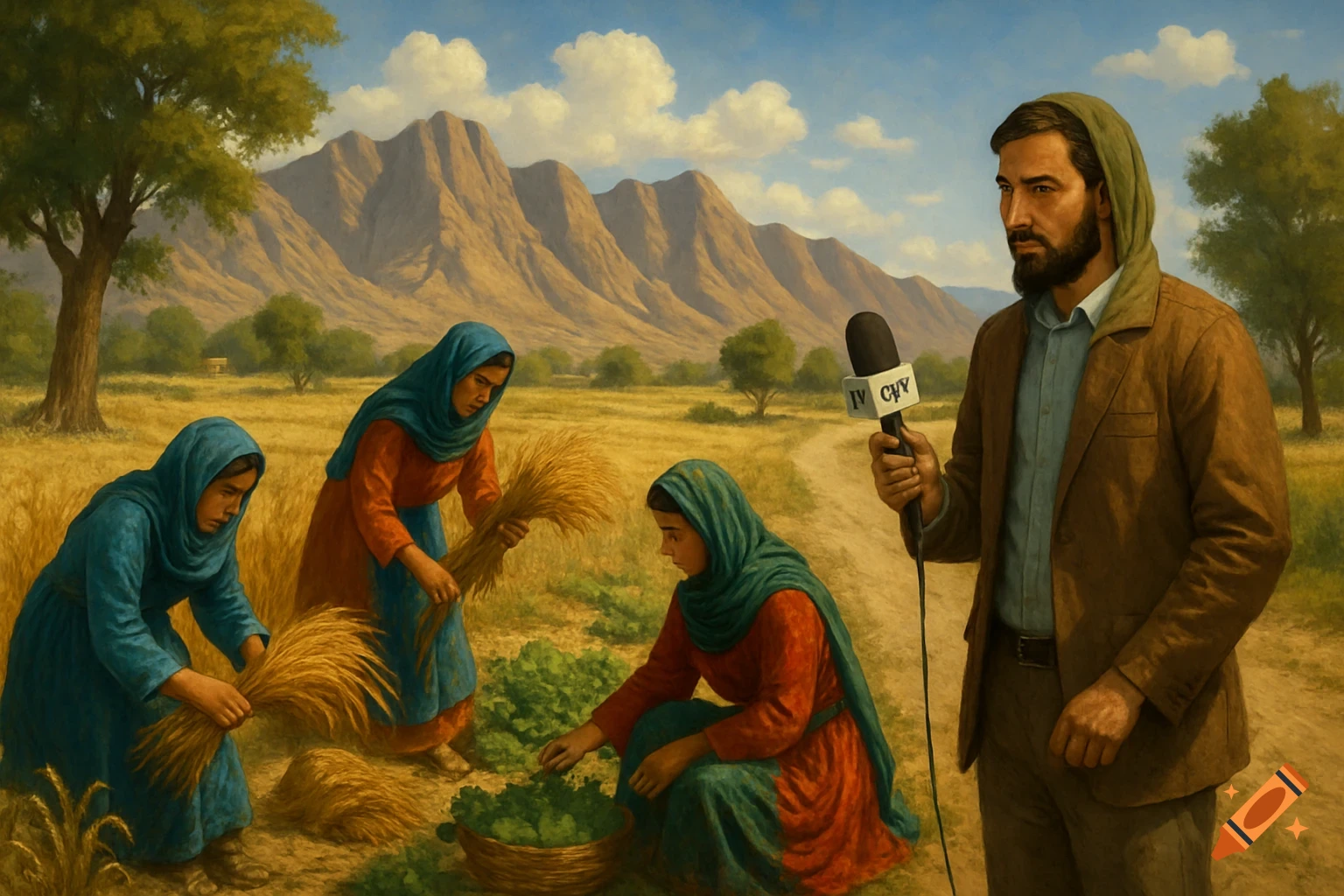 A painting of a journalist reporting near women harvesting crops in rural Afghanistan with mountains in the background.