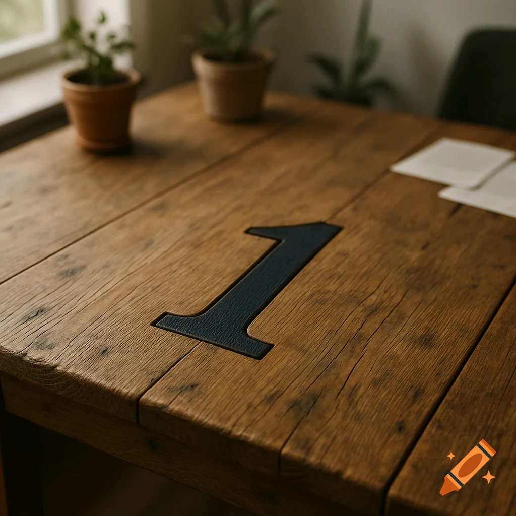 Rustic wooden table with a large dark number '1' embedded, blurred potted plants and papers in the background.