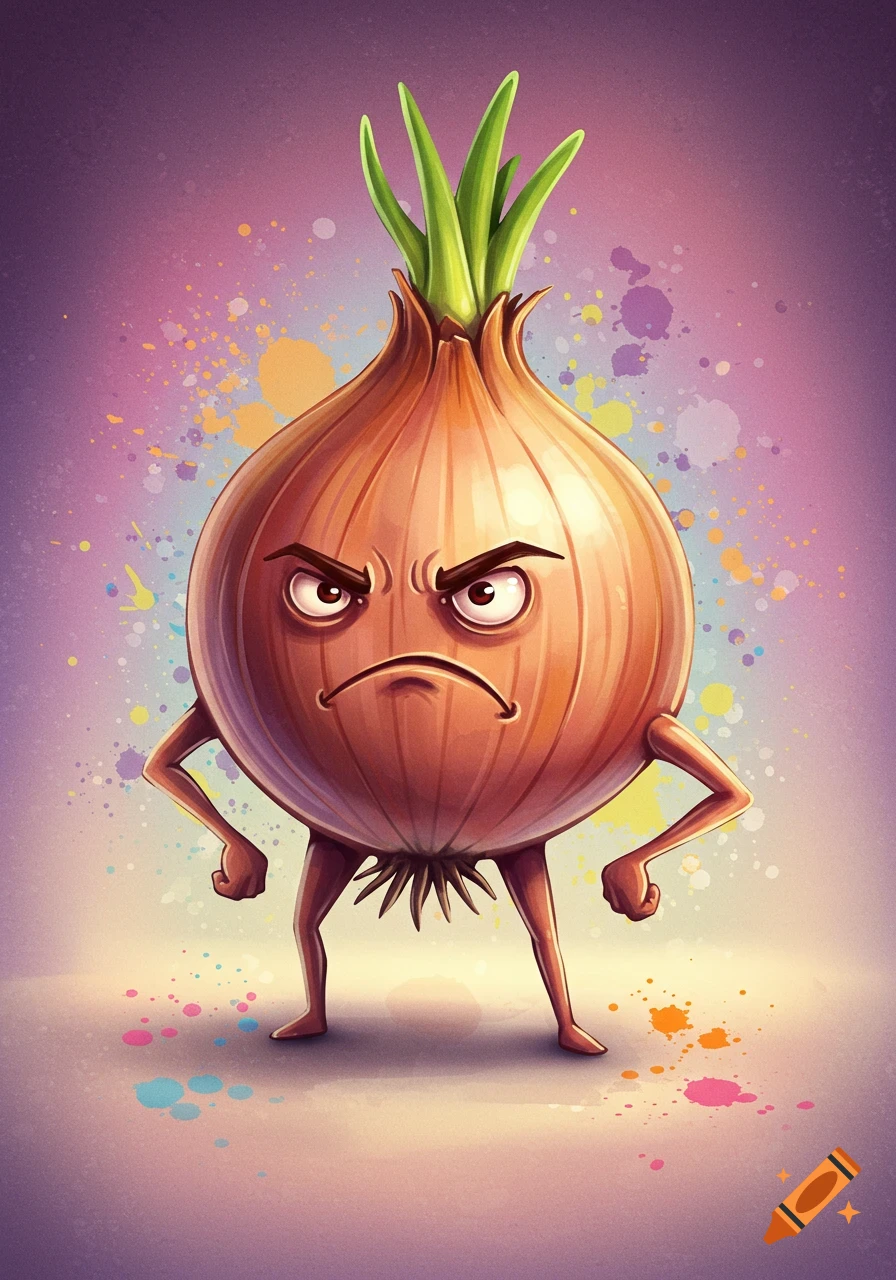 A grumpy, cartoon onion character with green sprouts, arms, and legs stands against a vibrant, spray-painted purple and pink background.