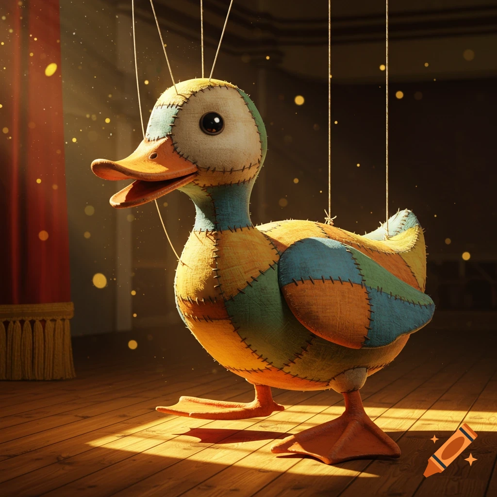 A colorful patchwork duck puppet stands on a wooden stage with red curtains and sparkling lights.