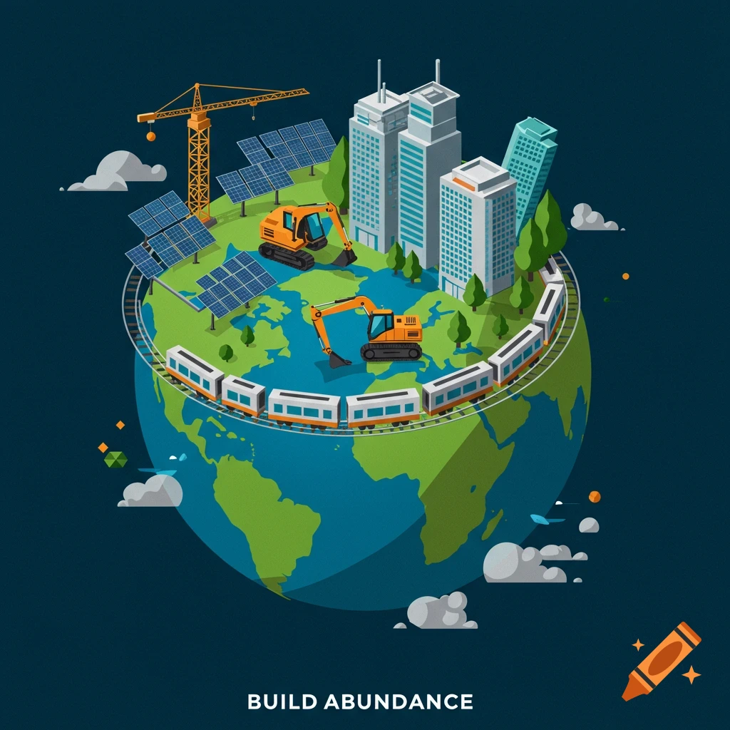 An isometric illustration of a globe with a city, construction cranes, excavators, solar panels, and a train, with text 'BUILD ABUNDANCE'.
