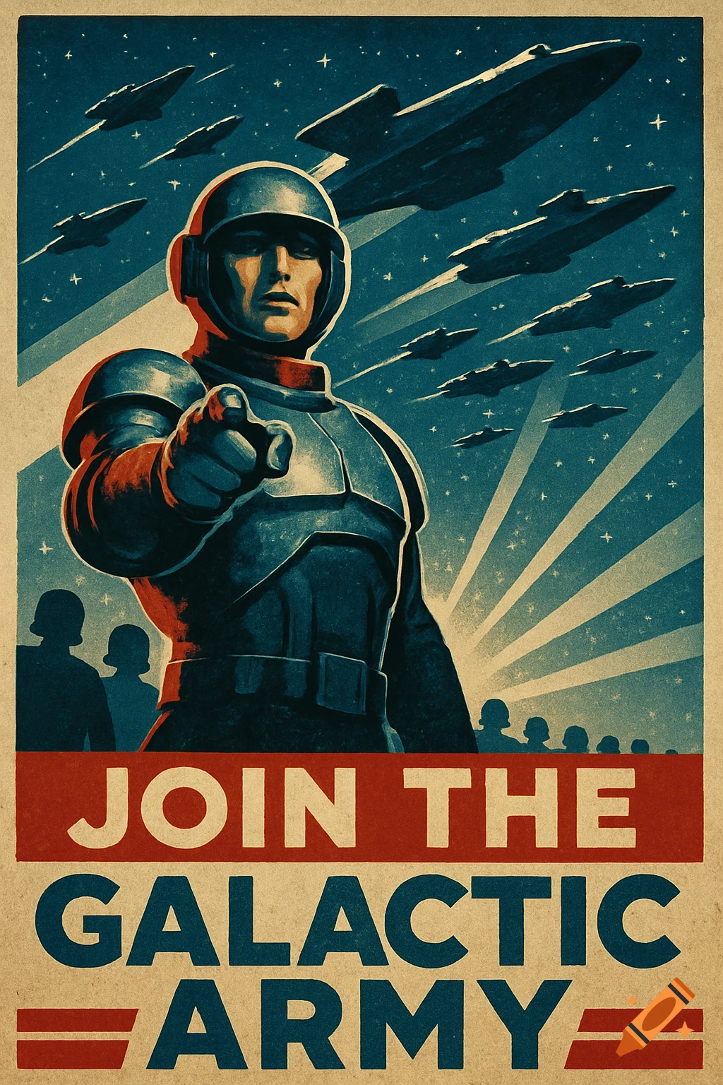 Vintage propaganda poster of a space soldier pointing, with spaceships and 'JOIN THE GALACTIC ARMY' text.