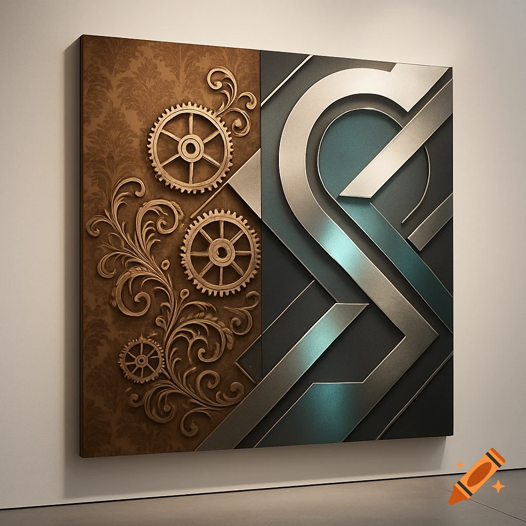 A split abstract art panel, with a steampunk side featuring golden gears and ornate brown patterns, and a modern metallic side with silver and teal geometric shapes.