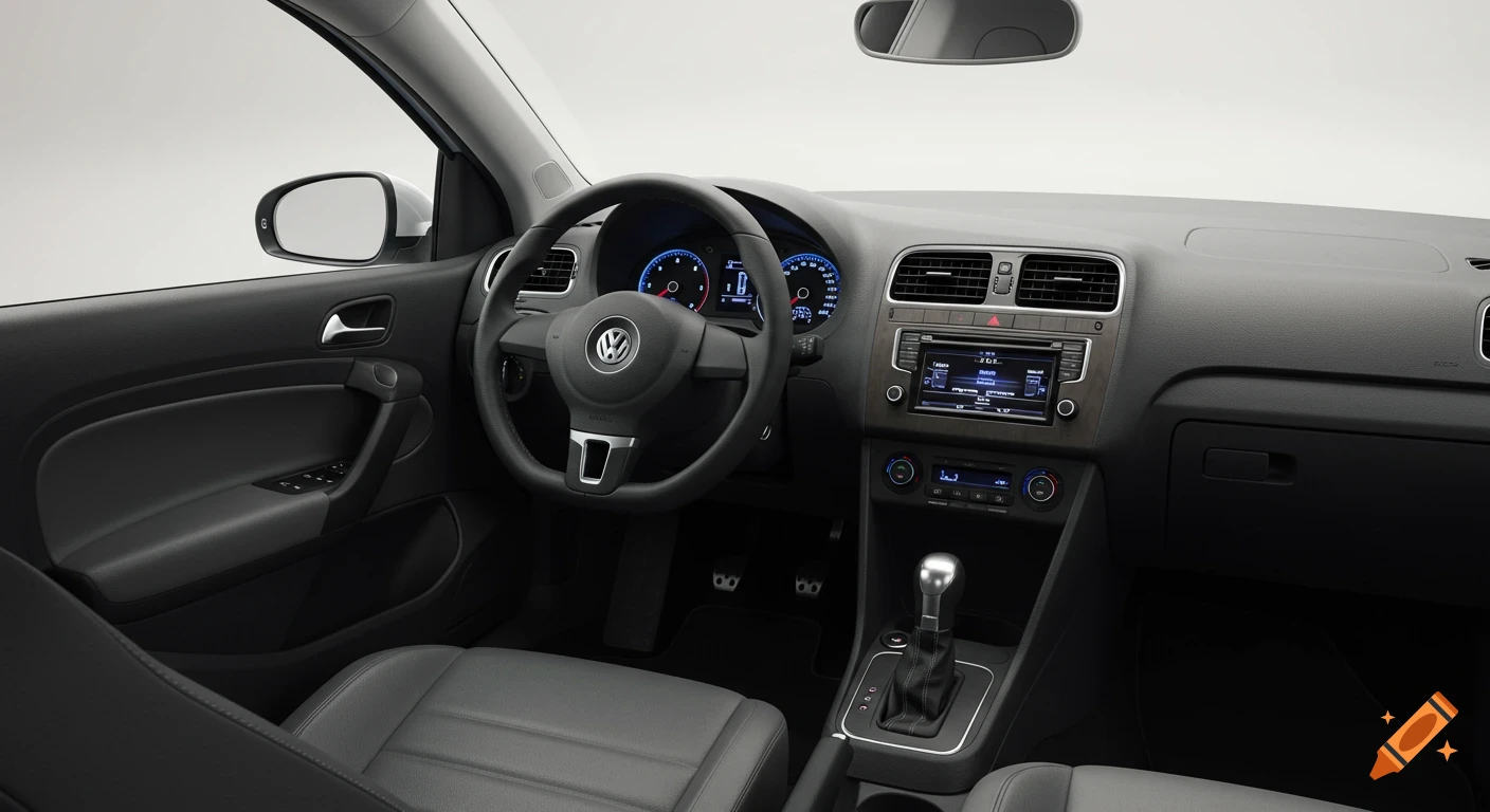 Photorealistic interior view of a dark gray VW Polo with a steering wheel, dashboard, and leather seats.
