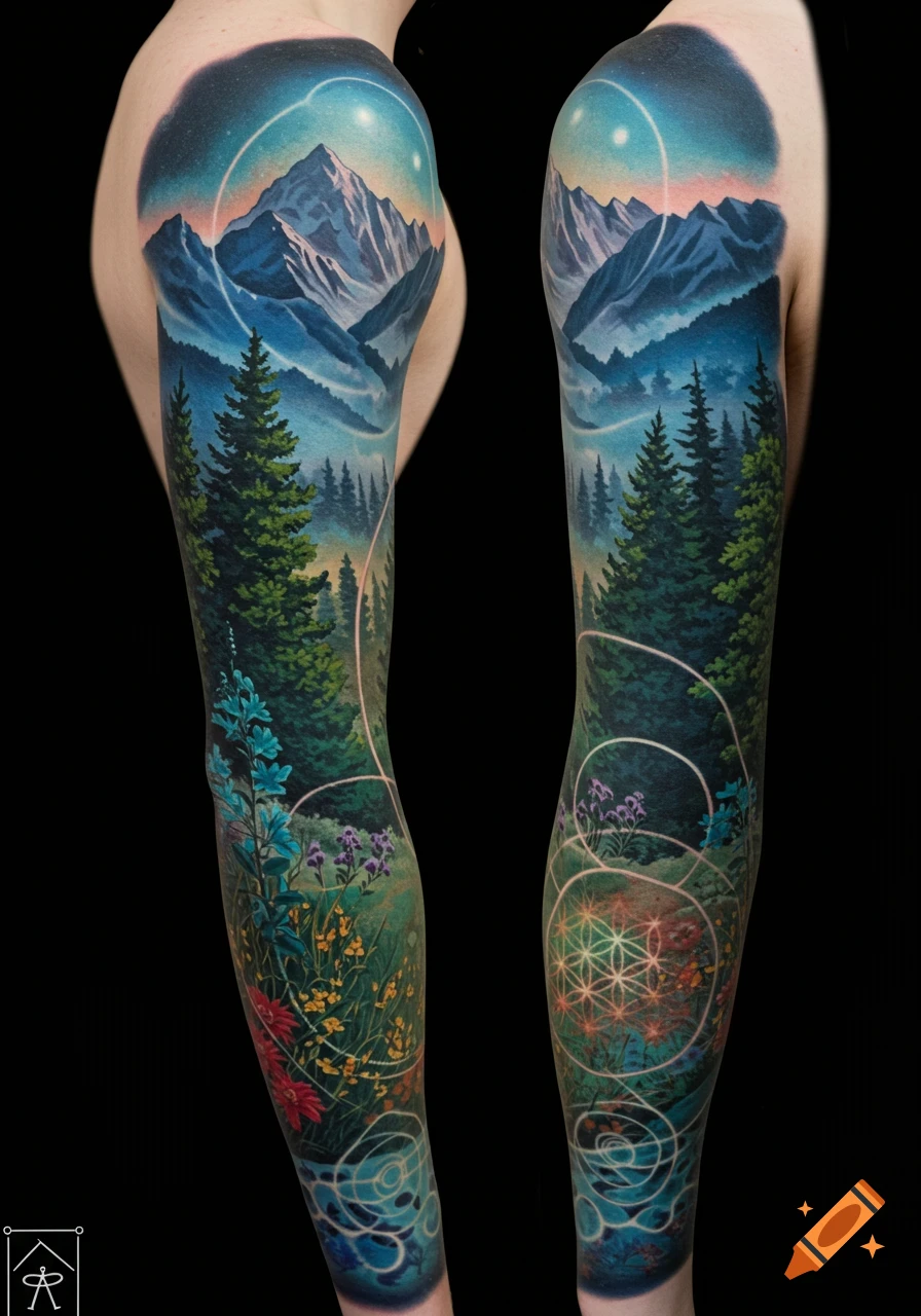 A vibrant full sleeve tattoo of a surreal mountain landscape, dense forest, colorful flowers, and glowing sacred geometry.
