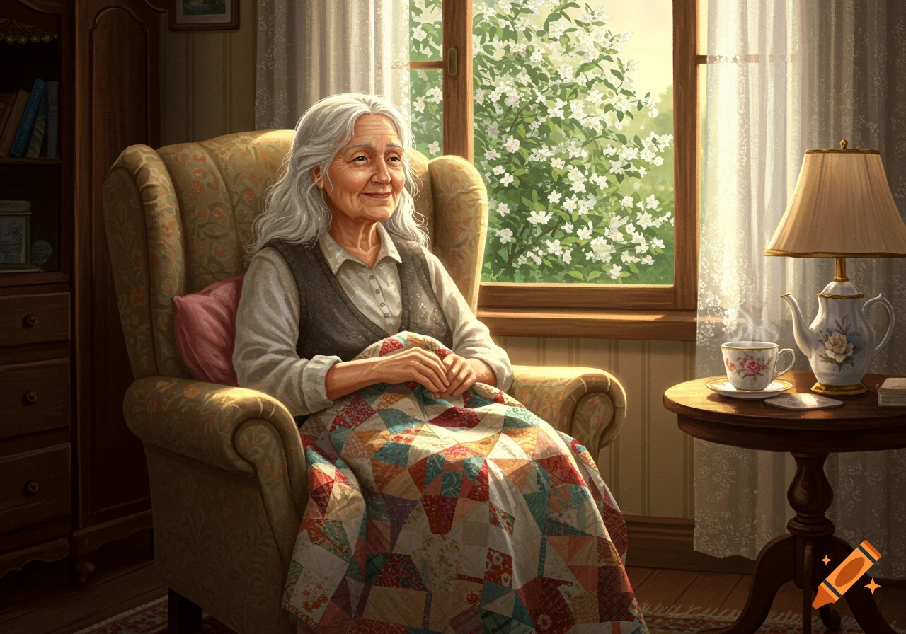 Elderly woman with white hair sits in a patterned armchair, covered by a colorful quilt, smiling by a sunlit window with flowering trees outside.