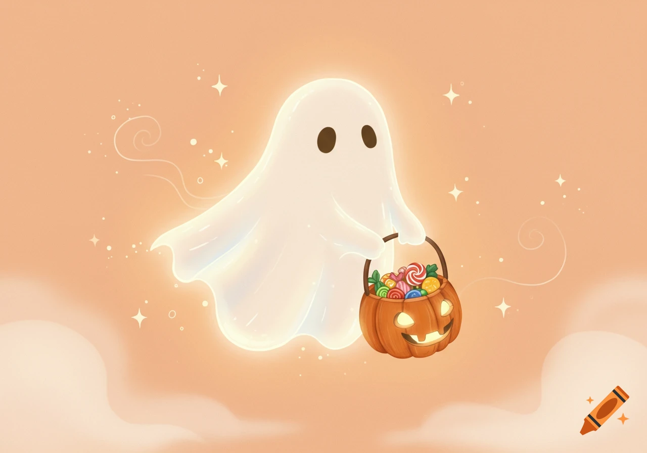 Cute cartoon ghost glowing and holding a pumpkin basket filled with colorful candy on a light orange background with sparkles.