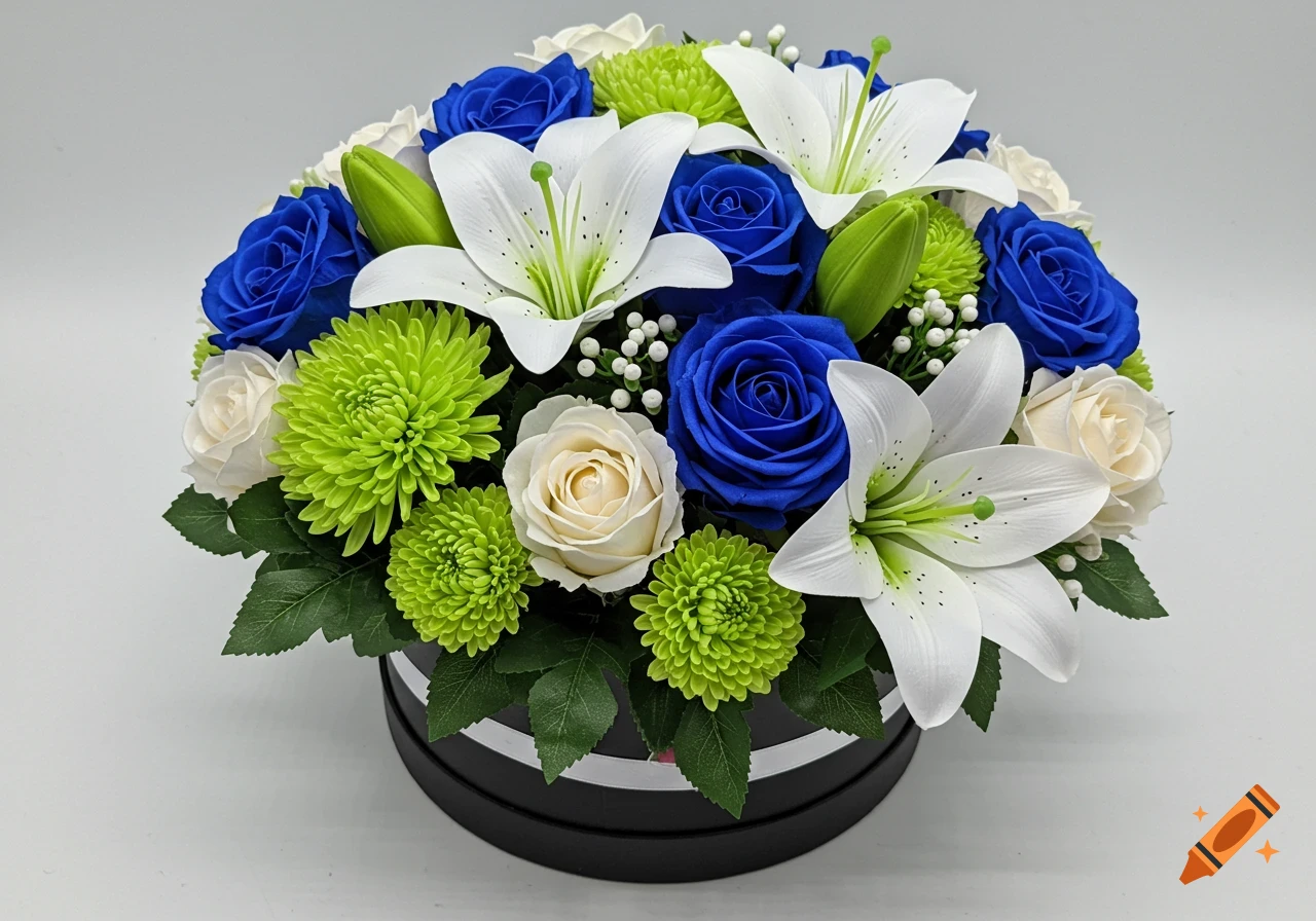 A vibrant arrangement of artificial blue roses, white lilies, green chrysanthemums, and white miniature roses in a black round box on a light background.