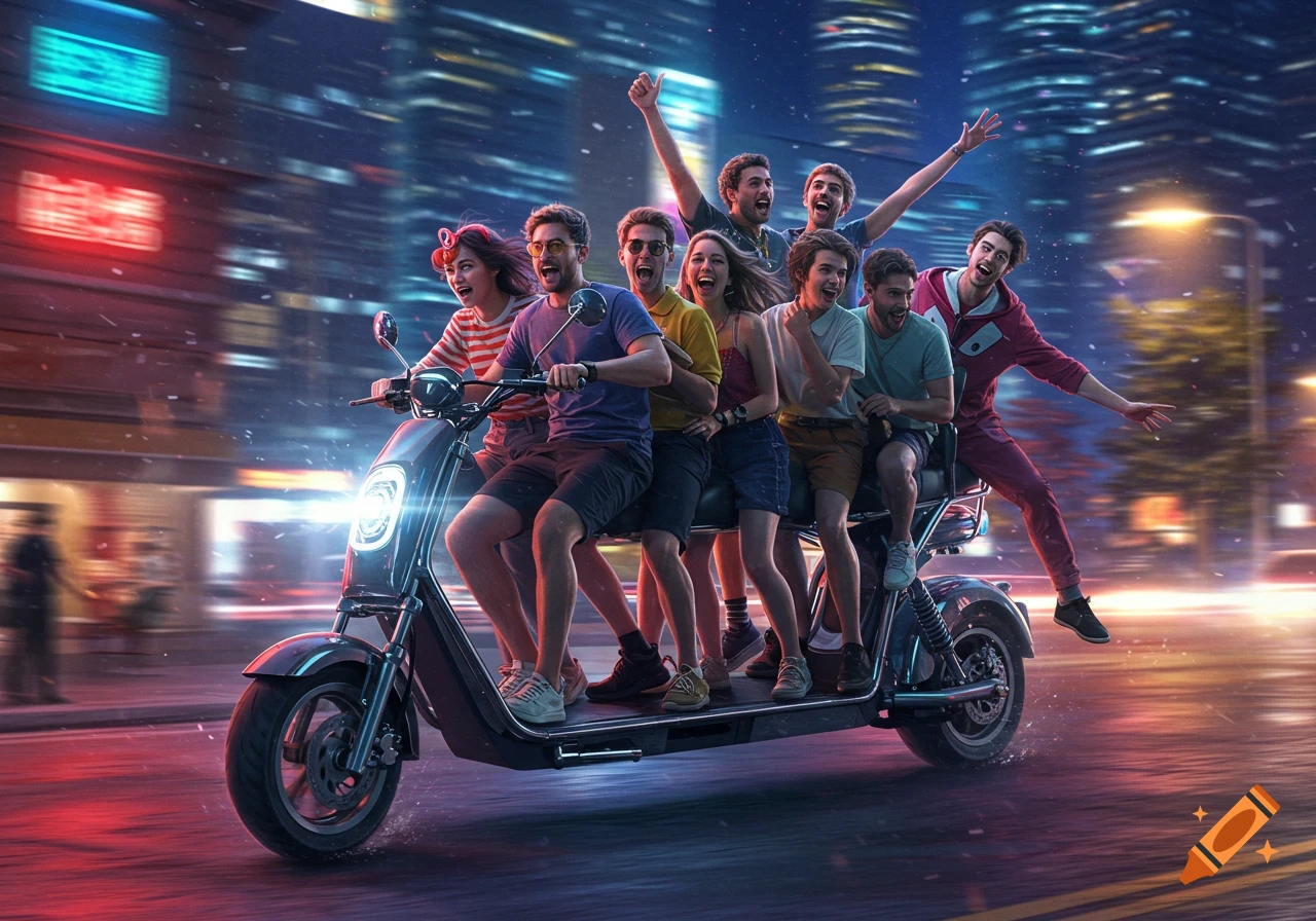 Eight friends on a scooter joyfully ride through a neon-lit city street at night, photorealistic.