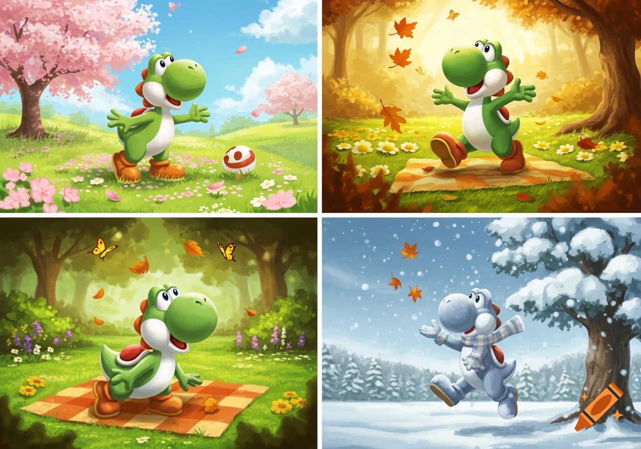 Four panels of cartoon Yoshi in vibrant illustrated scenes for spring, summer, autumn, and winter.