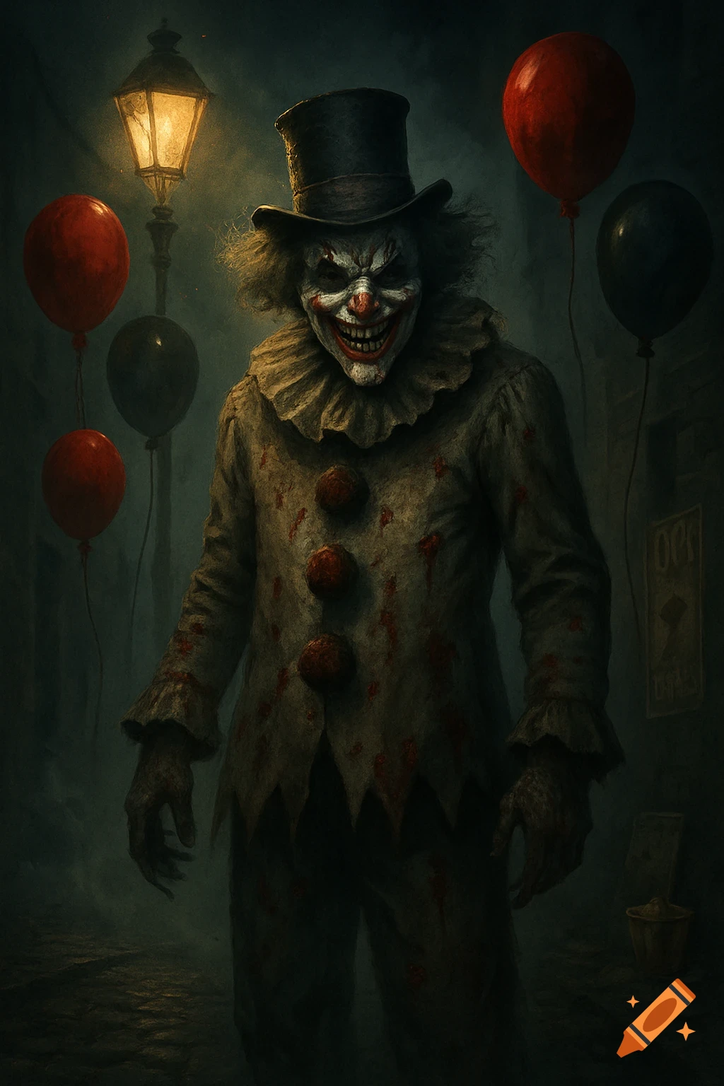 A menacing killer clown in a top hat and ruffled collar, with bloodstains, stands under a street lamp with balloons at night.