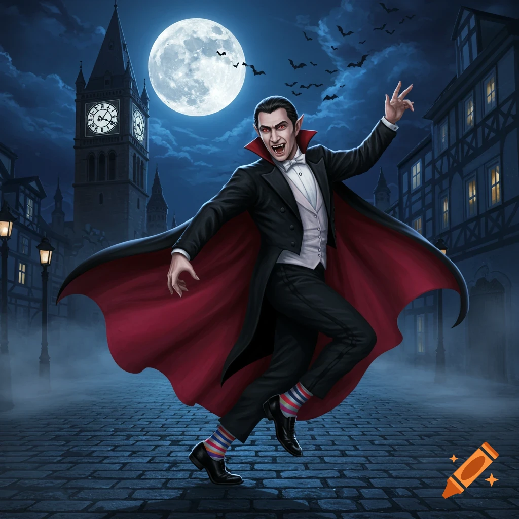 A stylized vampire in a black suit, red-lined cape, and striped socks dances on a cobbled street at night. A full moon, bats, and Big Ben are in the background.