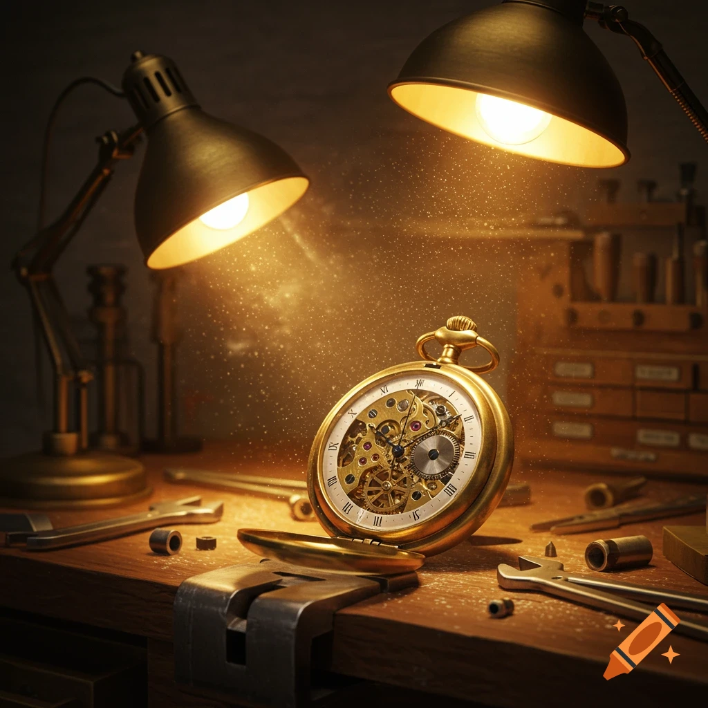 A golden pocket watch with visible gears and jewels lies open on a wooden workbench, surrounded by watchmaking tools and illuminated by two warm desk lamps.