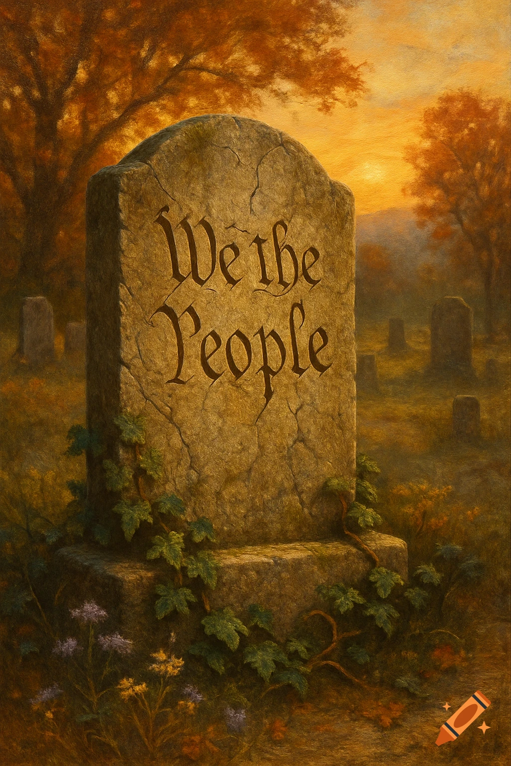 A weathered tombstone engraved with 'We the People' in an autumn graveyard at sunset, with trees and ivy, in a painterly style.