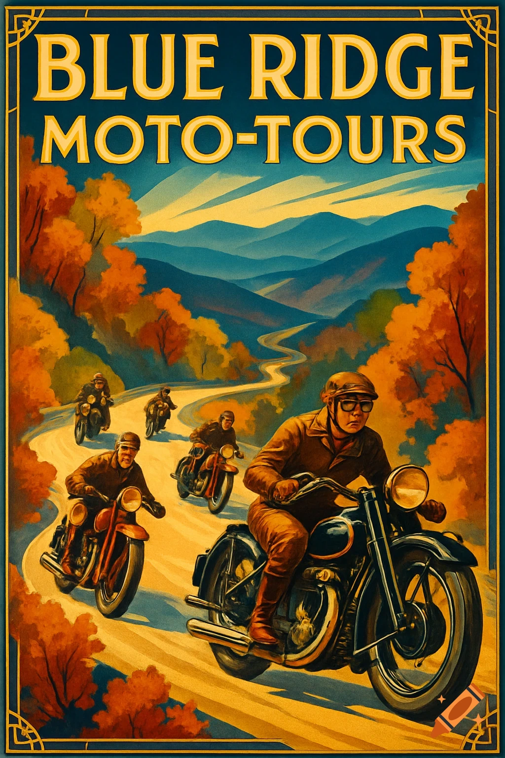 Vintage art deco poster for 'BLUE RIDGE MOTO-TOURS' featuring motorcyclists on a winding mountain road with autumn foliage.
