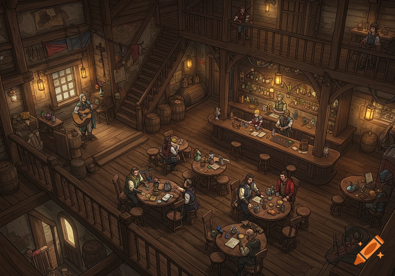 Detailed isometric illustration of a lively fantasy tavern with patrons, a bard playing guitar, and a busy bar.