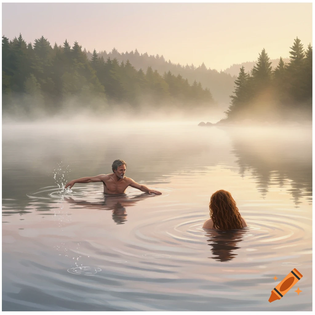 A man and a woman wade in a misty lake at sunrise, surrounded by pine trees.