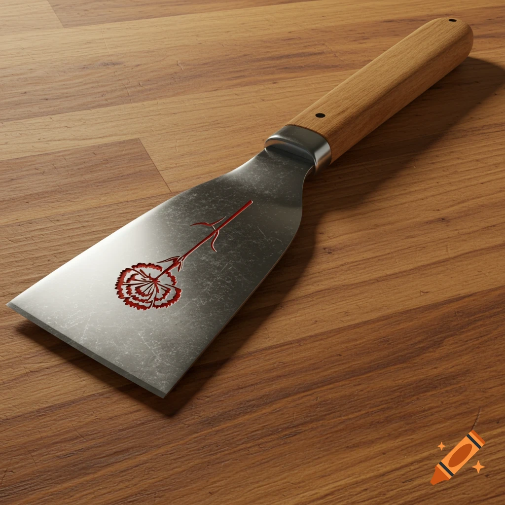 A realistic metal spatula with a wooden handle, featuring a red carnation design, rests on a wooden surface.