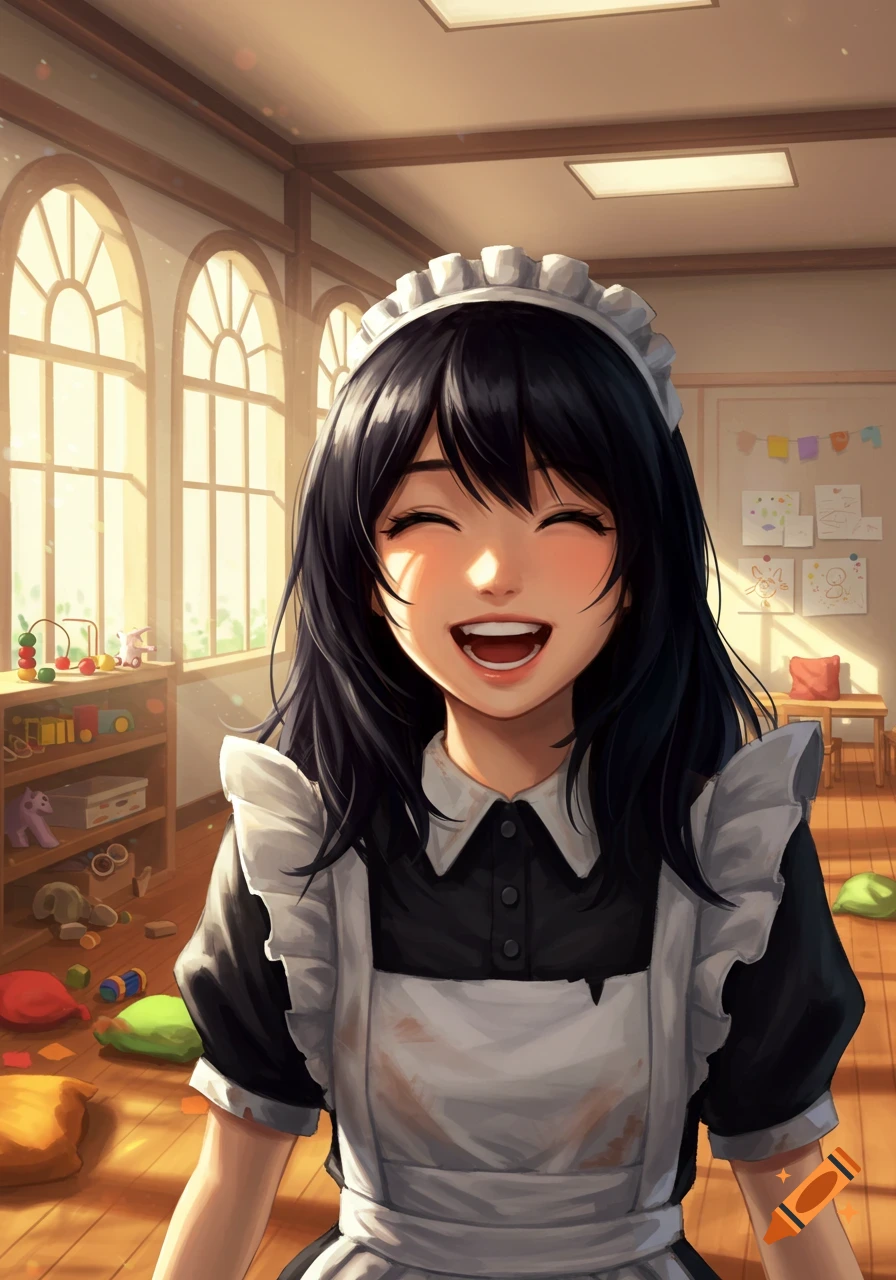 A happy anime girl with black hair and a dirty maid dress laughs in a sunlit playroom filled with toys.