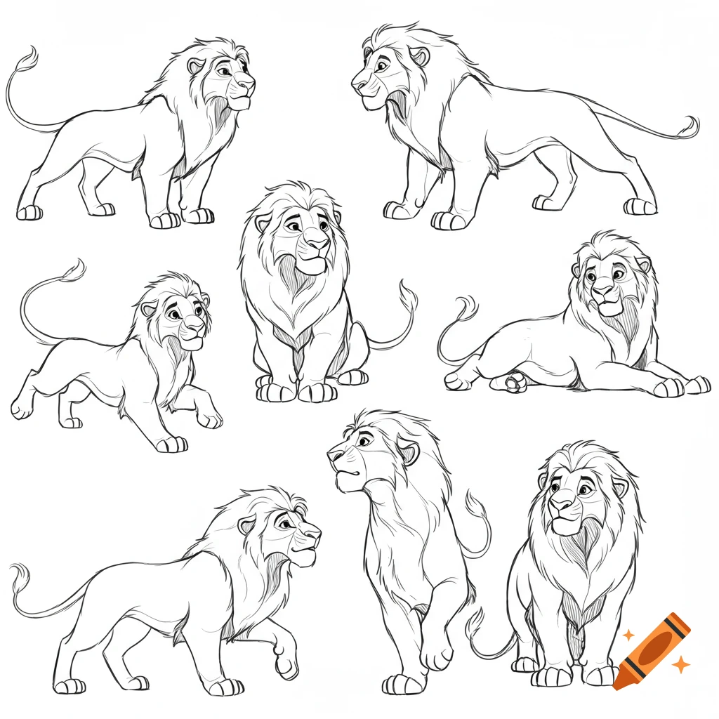 Multiple black and white sketch-style cartoon lions in various poses, inspired by The Lion King animation.