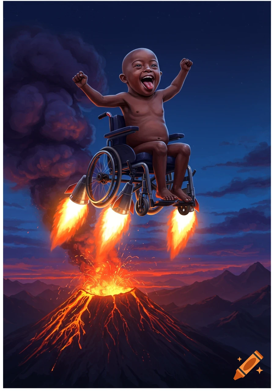 A happy bald black child with their tongue out flies in a rocket-powered wheelchair over an erupting volcano at sunset.