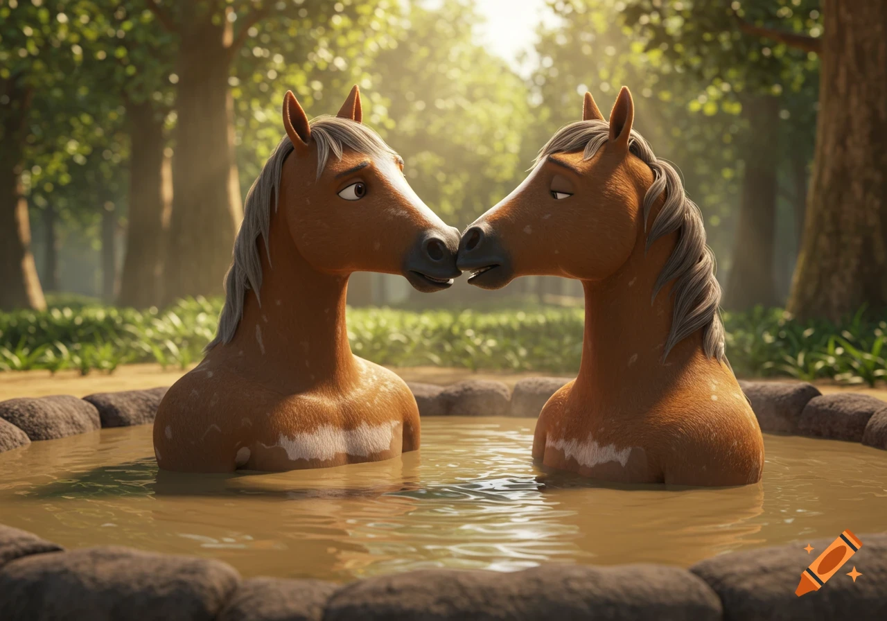 A 3D animation of two brown cartoon horses with gray manes kissing affectionately in a muddy hot tub in a forest.