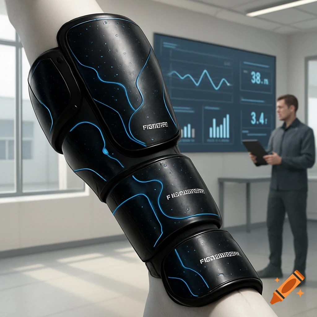 Close-up of a black smart bone protector with glowing blue lines on a person's arm, in a modern office with a man viewing data on a large screen in the background.