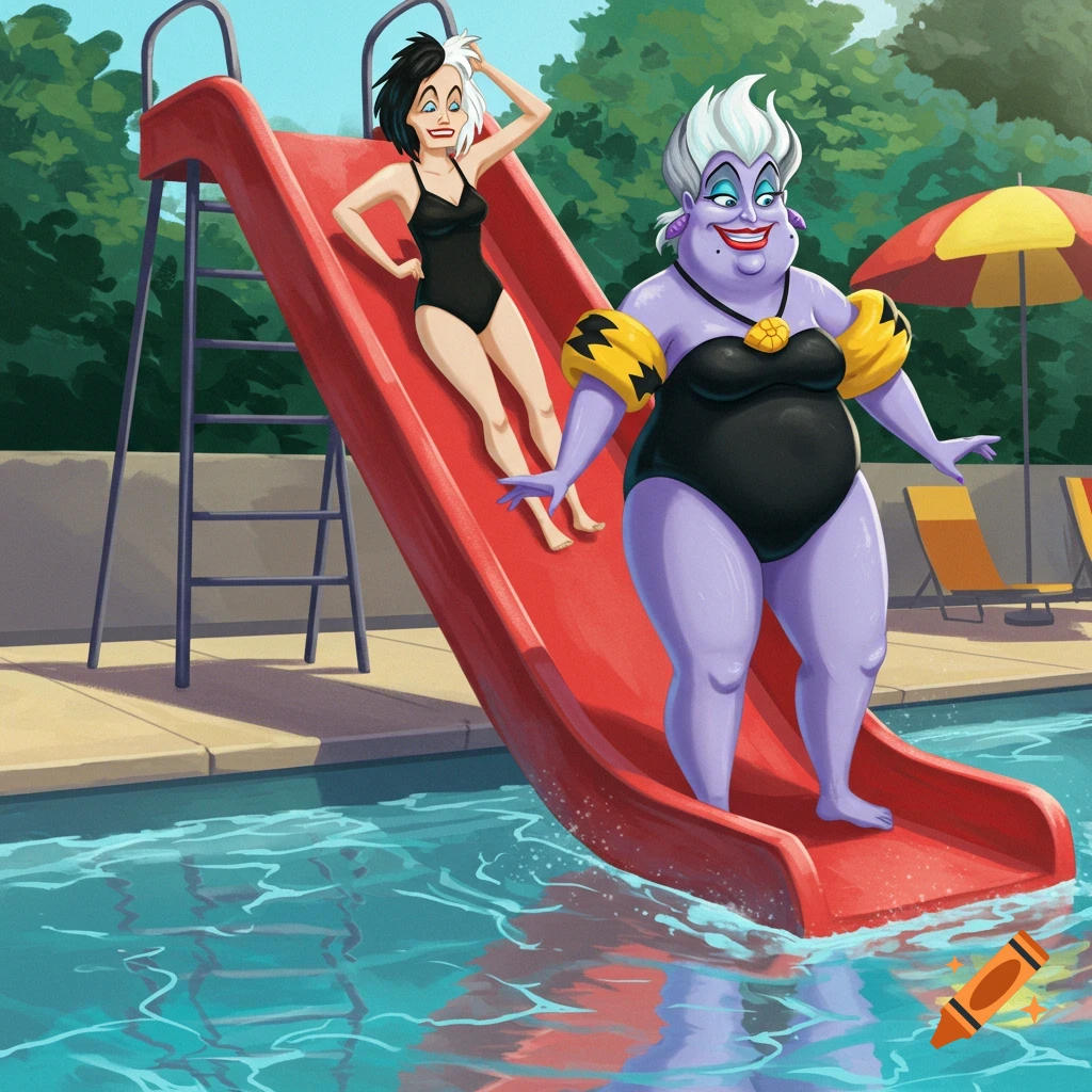 Cruella de Vil in a black swimsuit on a red water slide, next to Ursula in a black swimsuit with yellow armbands, at a pool. Cartoon style.