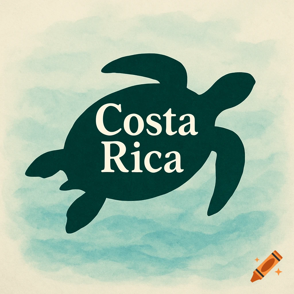 Dark green sea turtle silhouette with 'Costa Rica' in white text on a light blue watercolor background.