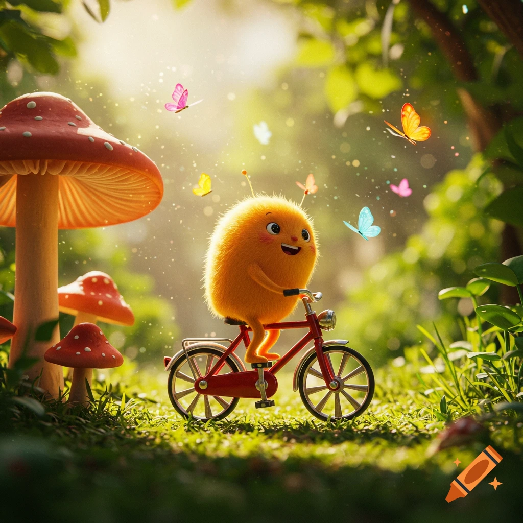 A fluffy orange creature happily rides a red miniature bicycle in a sun-dappled forest with mushrooms and butterflies.