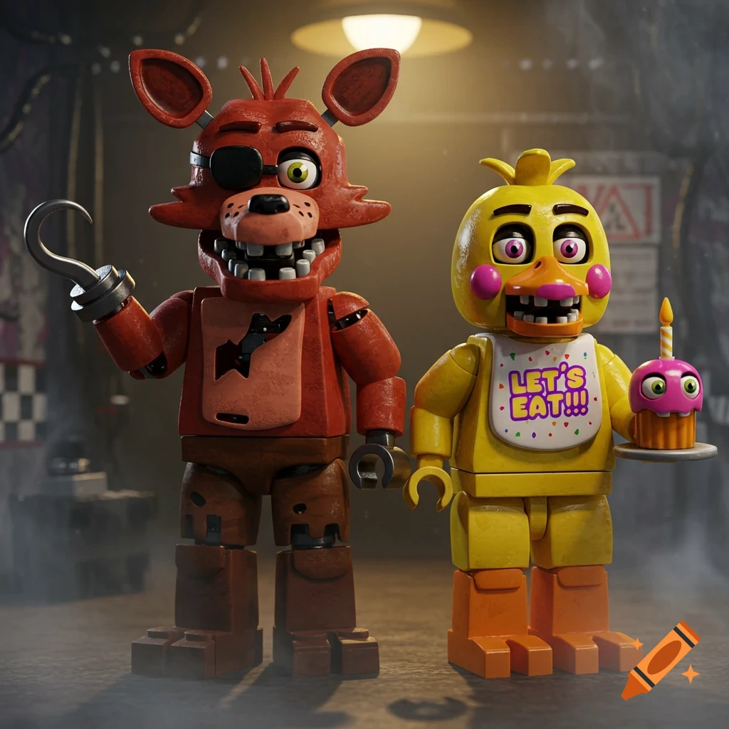 Lego-style figures of Foxy and Chica from Five Nights at Freddy's stand in a dimly lit room, Chica holding a cupcake.
