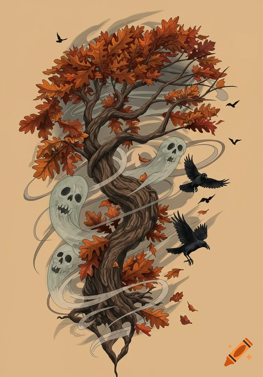 Stylized tattoo design of a gnarled autumn tree with orange leaves, three ghostly figures, and flying ravens on a beige background.