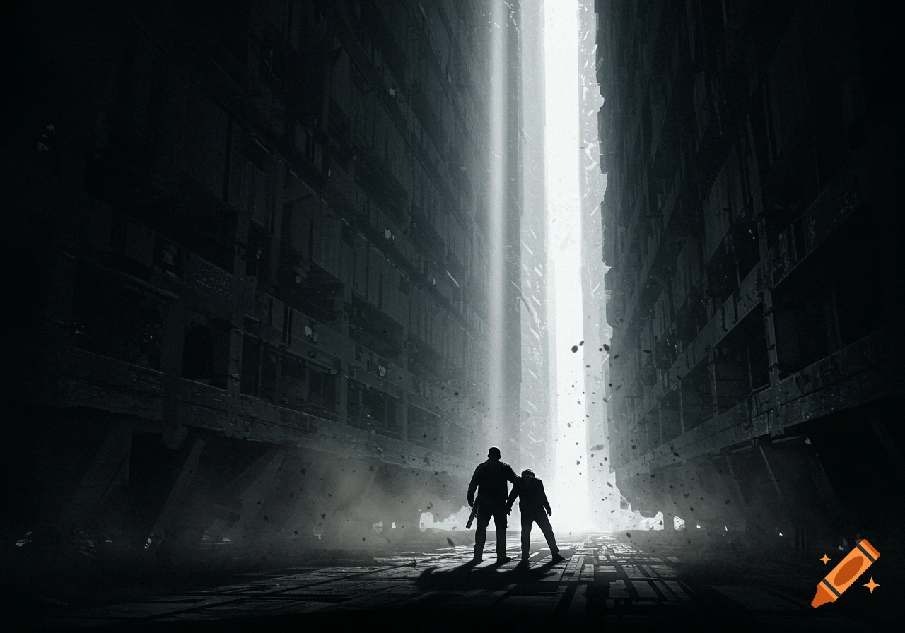Two silhouetted figures walk a dark, crumbling street between huge buildings towards a bright, vertical light in a dystopian scene.