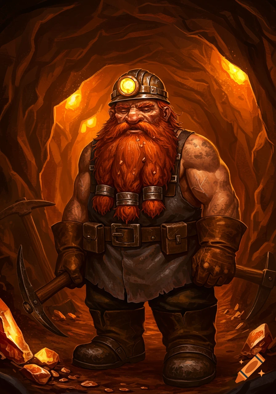 A stern, sleep-deprived red-haired dwarf miner with a long beard, wearing a helmet with a light, holding a pickaxe in a glowing mine cave.