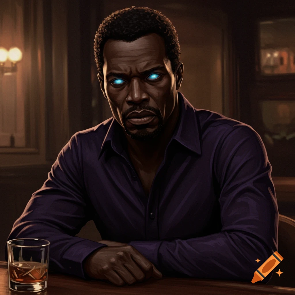 A dark-skinned man with glowing blue eyes in a purple shirt sits at a bar with a whiskey, in a moody, stylized oil pastel painting.
