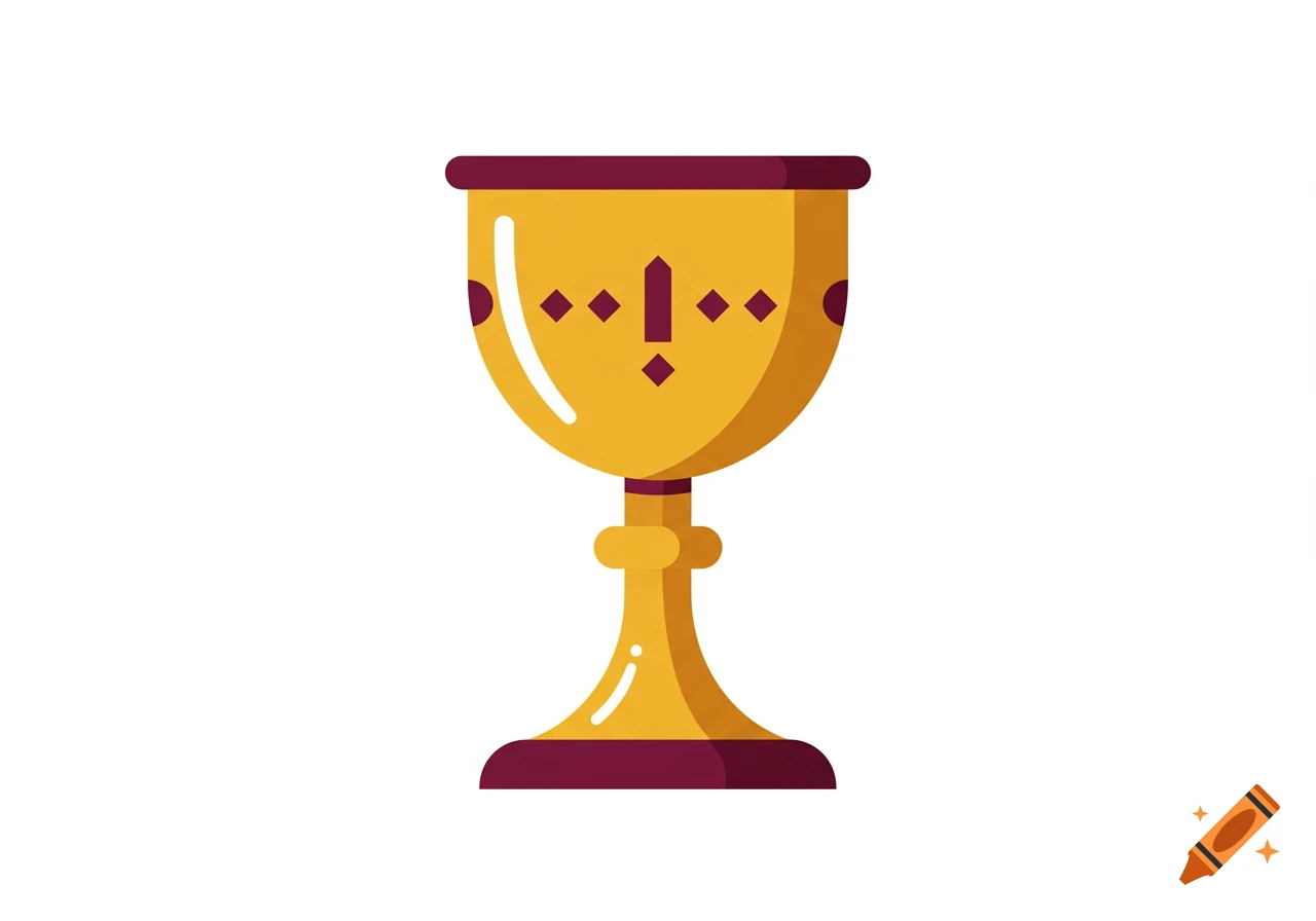 A stylized golden chalice with a burgundy rim and base, adorned with burgundy diamond patterns on a white background.