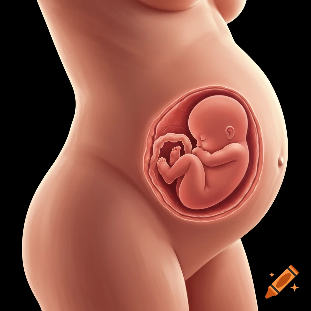 A detailed medical illustration of a pregnant torso showing a fetus inside the womb.