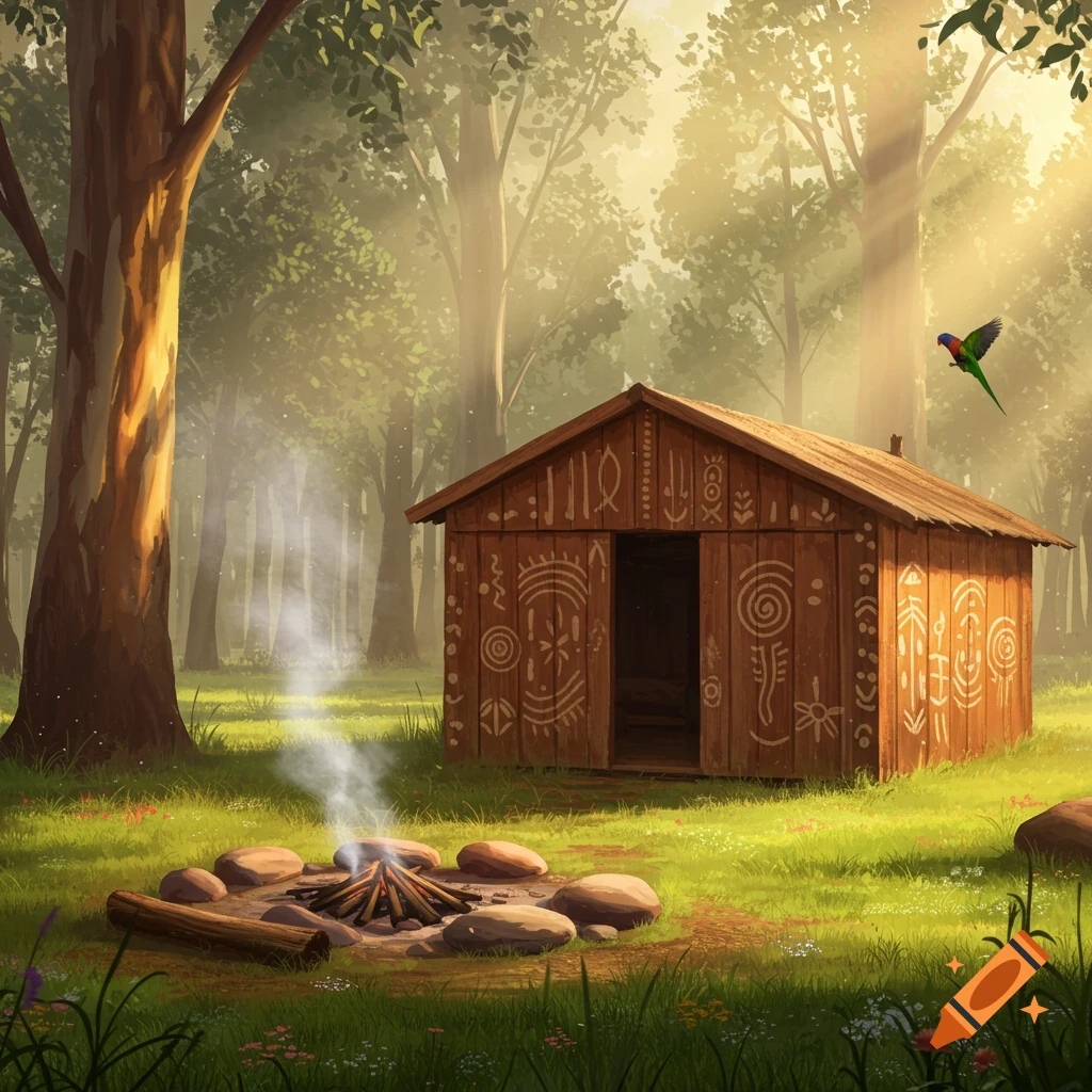 An illustration of a rustic wooden hut with tribal carvings next to a smoking campfire in a sunlit forest, with a colorful bird flying by.