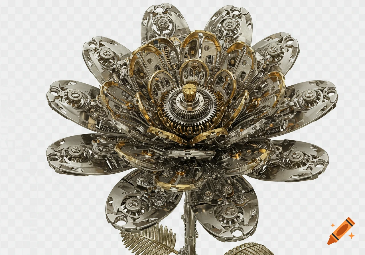 An intricate mechanical flower crafted from silver and gold gears and components on a transparent background.